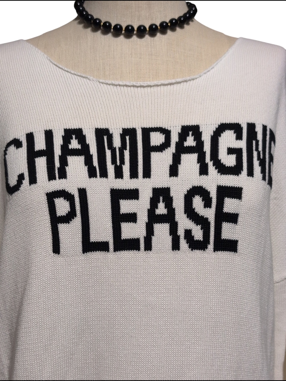 'CHAMPAGNE PLEASE' Knit Pullover Sweater - White & Black Long Sleeve Soft XL